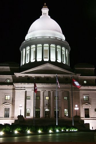 Arkansas State Capitol illuminated at night